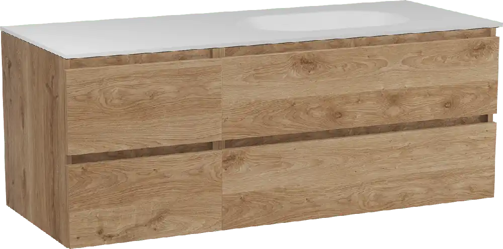 Balmani Lucida meuble salle de bains suspendu 135 x 55 cm chêne brut avec Tablo Oval plan vasque asymétrique à droite en solid surface blanc mat