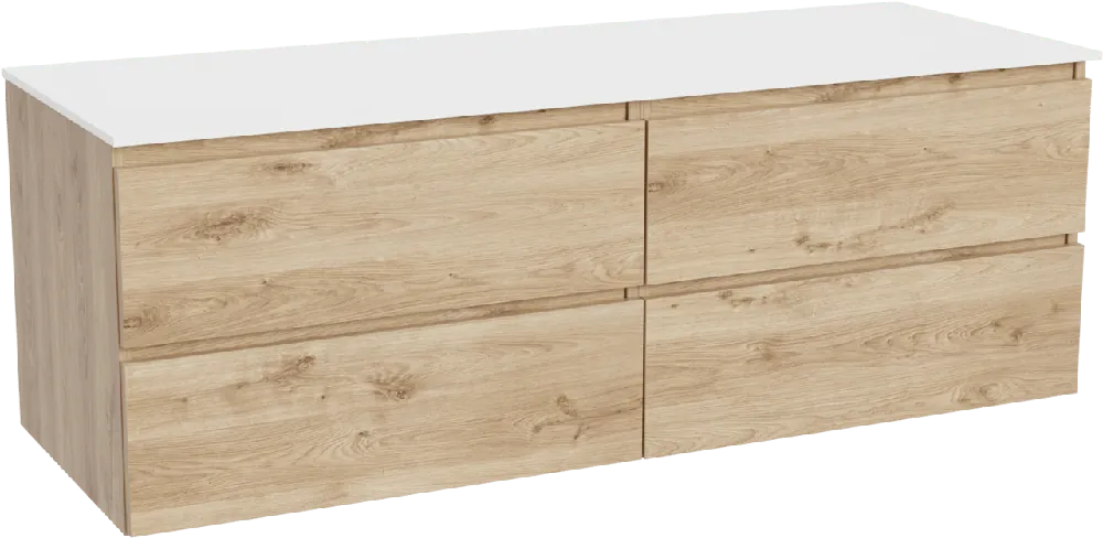 Balmani Lucida meuble salle de bains suspendu 150 x 55 cm chêne brut avec Stretto tablette simple ou double en solid surface blanc mat