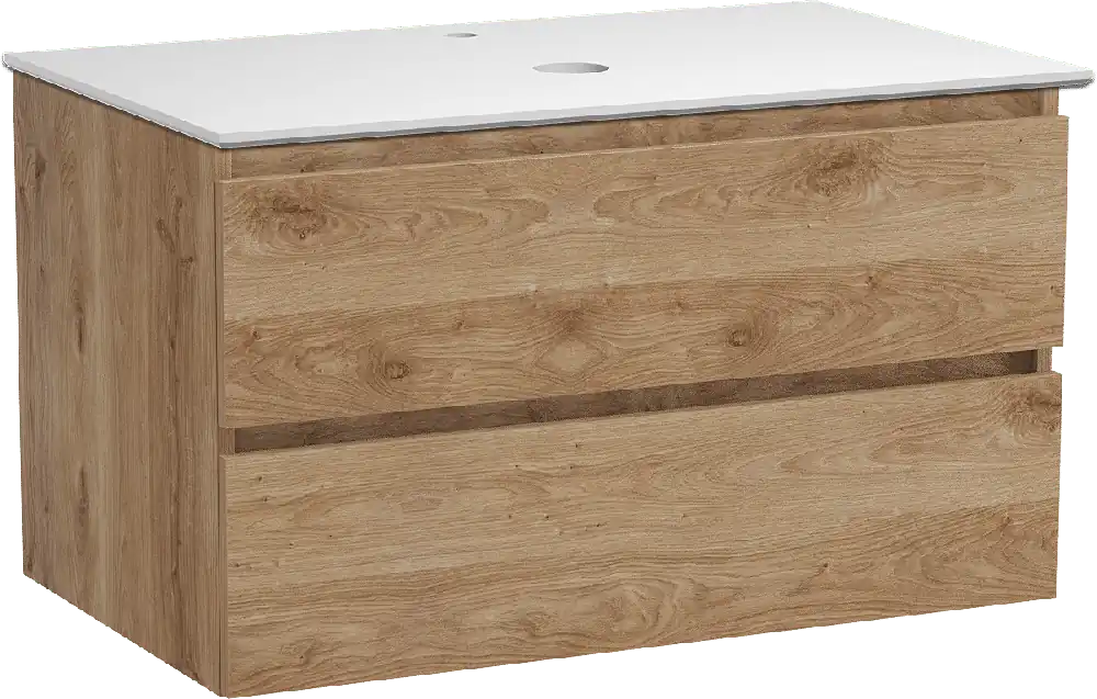 Balmani Lucida meuble salle de bains suspendu 90 x 55 cm chêne brut avec Facetta tablette simple en solid surface blanc mat
