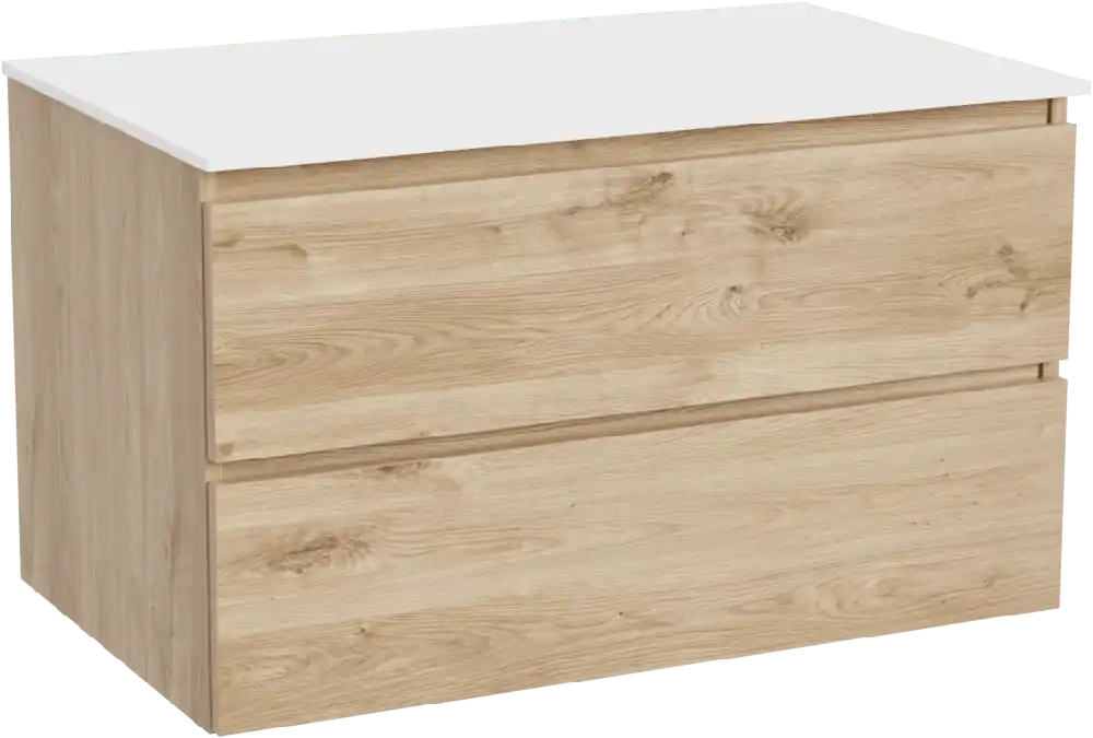 Balmani Lucida meuble salle de bains suspendu 90 x 55 cm chêne brut avec Stretto tablette simple en solid surface blanc mat