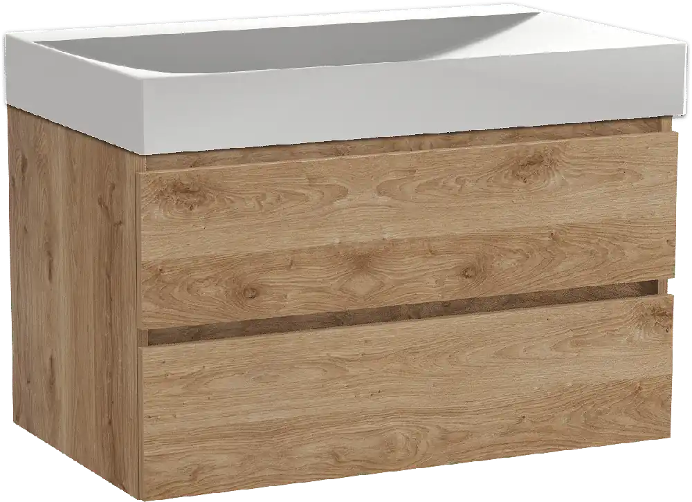 Balmani Lucida meuble salle de bains suspendu 90 x 55 cm chêne brut avec Wave plan simple en solid surface blanc mat