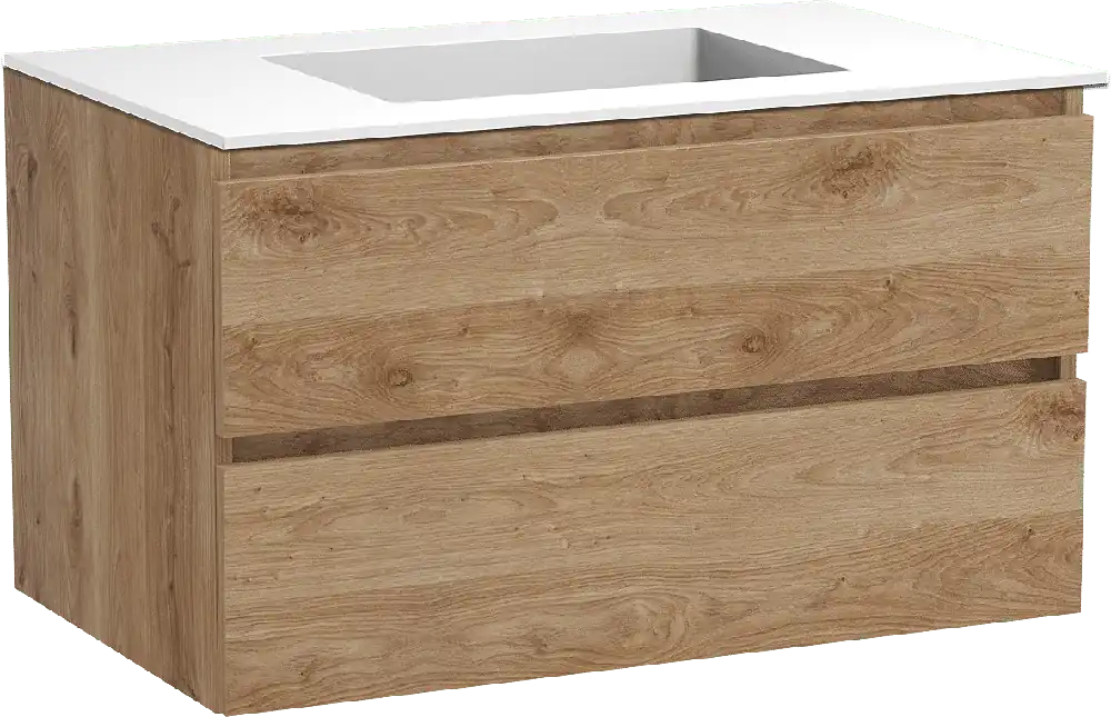 Balmani Lucida meuble salle de bains suspendu 90 x 55 cm chêne brut avec Tablo Stretto plan simple en solid surface blanc mat