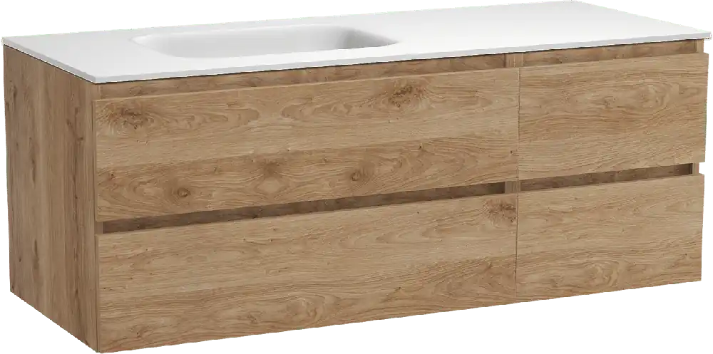 Balmani Lucida meuble salle de bains suspendu 135 x 55 cm chêne brut avec Tablo Arcato plan vasque asymétrique à gauche en solid surface blanc mat