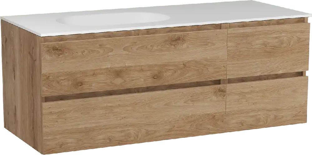 Balmani Lucida meuble salle de bains suspendu 135 x 55 cm chêne brut avec Tablo Oval plan vasque asymétrique à gauche en solid surface blanc mat