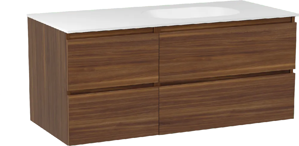 Balmani Lucida meuble salle de bains suspendu 120 x 55 cm noyer américain avec Tablo Oval plan vasque asymétrique à droite en solid surface blanc mat