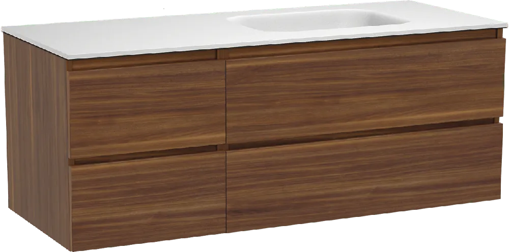 Balmani Lucida meuble salle de bains suspendu 135 x 55 cm noyer américain avec Tablo Arcato plan vasque asymétrique à droite en solid surface blanc mat