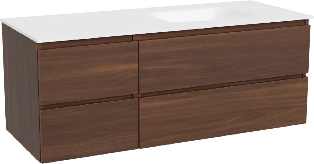 Balmani Lucida meuble salle de bains suspendu 135 x 55 cm noyer américain avec Tablo Arcato plan vasque asymétrique à droite en solid surface blanc mat