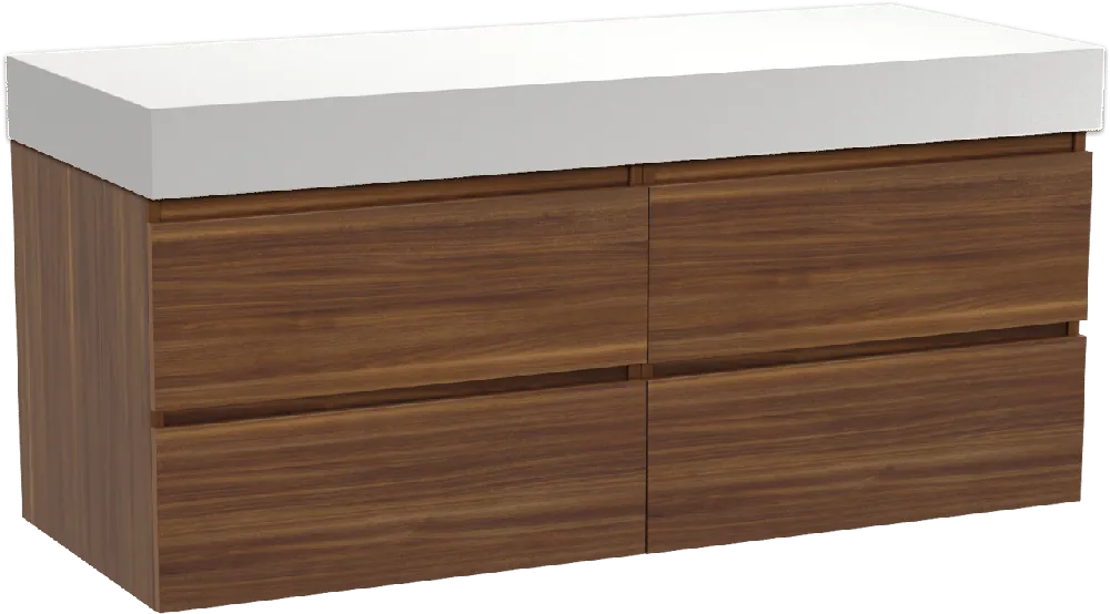 Balmani Lucida meuble salle de bains suspendu 135 x 55 cm noyer américain avec Dominus tablette simple ou double en solid surface blanc mat