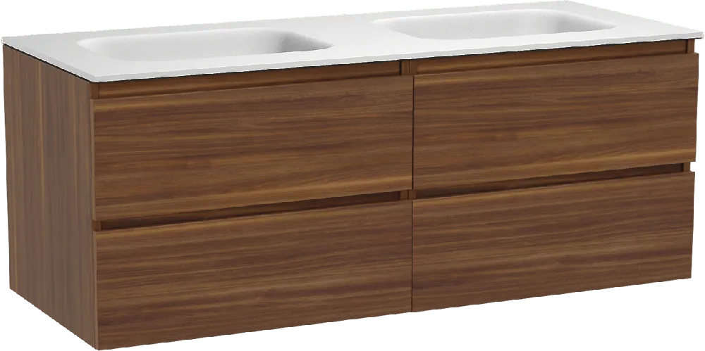 Balmani Lucida meuble salle de bains suspendu 135 x 55 cm noyer américain avec Tablo Arcato double vasque en solid surface blanc mat