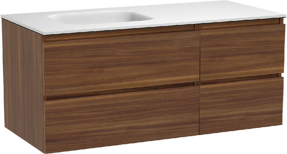 Balmani Lucida meuble salle de bains suspendu 120 x 55 cm noyer américain avec Tablo Arcato plan vasque asymétrique à gauche en solid surface blanc mat
