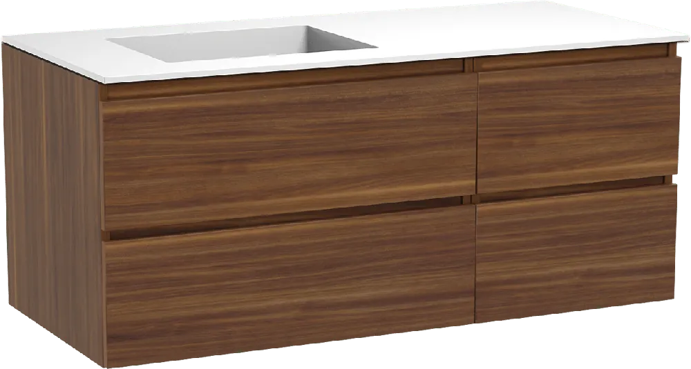Balmani Lucida meuble salle de bains suspendu 120 x 55 cm noyer américain avec Tablo Stretto plan vasque asymétrique à gauche en solid surface blanc mat