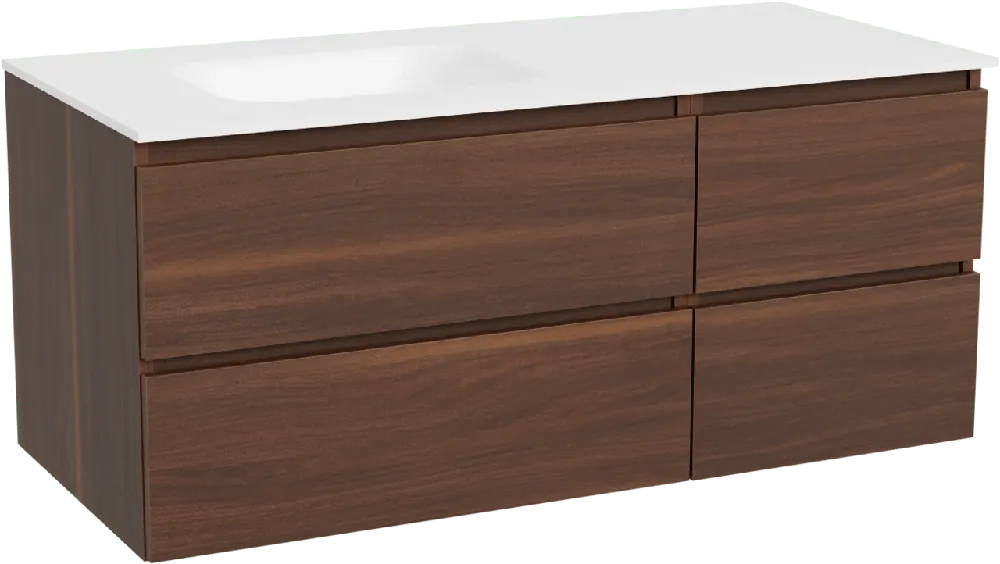 Balmani Lucida meuble salle de bains suspendu 120 x 55 cm noyer américain avec Tablo Arcato plan vasque asymétrique à gauche en solid surface blanc mat