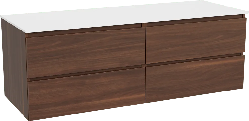 Balmani Lucida meuble salle de bains suspendu 150 x 55 cm noyer américain avec Stretto tablette simple ou double en solid surface blanc mat