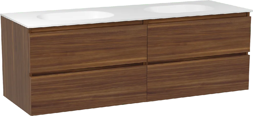 Balmani Lucida meuble salle de bains suspendu 150 x 55 cm noyer américain avec Tablo Oval double vasque en solid surface blanc mat