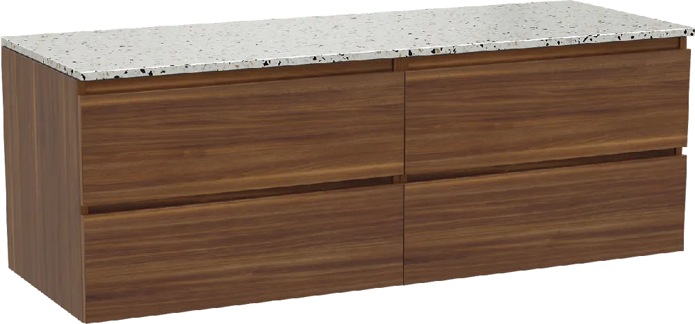 Balmani Lucida meuble salle de bains suspendu 150 x 55 cm noyer américain avec Stretto tablette simple ou double en blanc/noir mat terrazzo