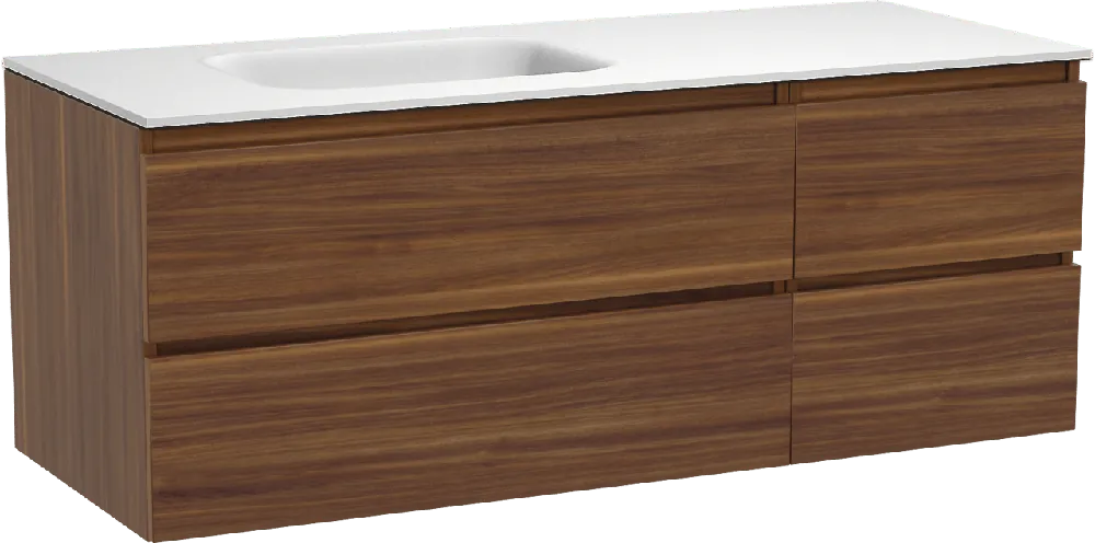 Balmani Lucida meuble salle de bains suspendu 135 x 55 cm noyer américain avec Tablo Arcato plan vasque asymétrique à gauche en solid surface blanc mat