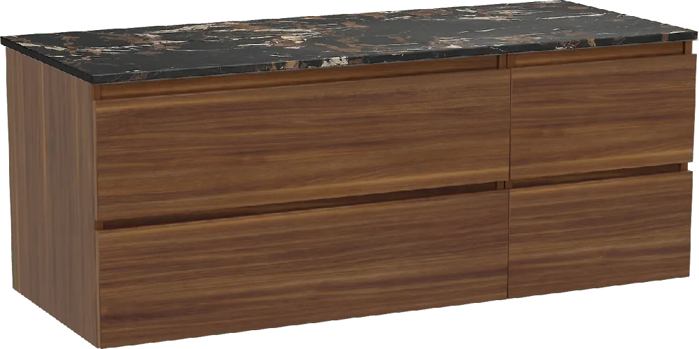 Balmani Lucida meuble salle de bains suspendu 135 x 55 cm noyer américain avec Stretto tablette simple ou double en marbre portoro gold
