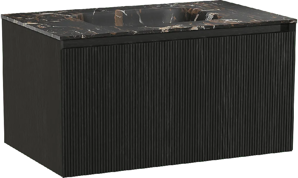 Balmani Fila by Mitra meuble salle de bains suspendu 90 x 55 cm chêne noir avec Tablo Arcato plan simple en marbre portoro gold, Nervure droite symétrique verticale