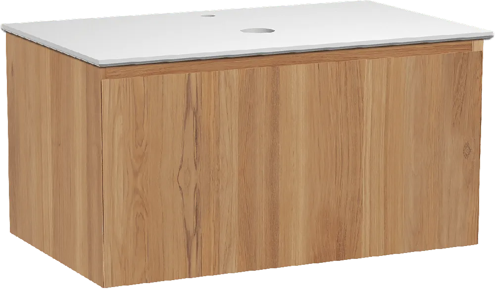 Balmani Idra by Mitra meuble salle de bains suspendu 90 x 55 cm teck avec Facetta tablette simple en solid surface blanc mat
