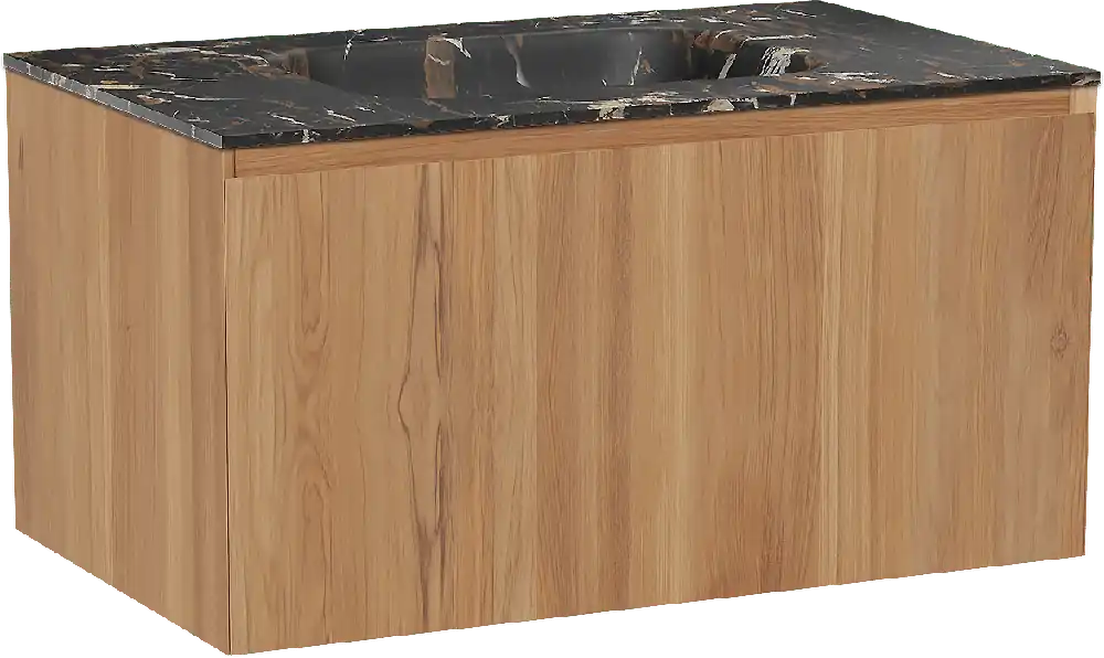 Balmani Idra by Mitra meuble salle de bains suspendu 90 x 55 cm teck avec Tablo Arcato plan simple en marbre portoro gold