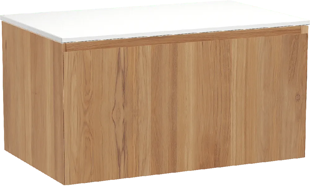 Balmani Idra by Mitra meuble salle de bains suspendu 90 x 55 cm teck avec Stretto tablette simple en solid surface blanc mat