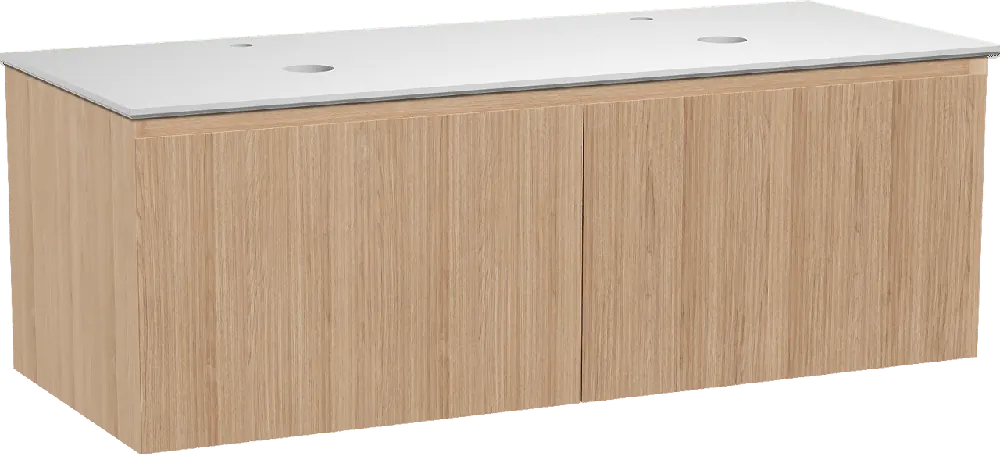 Balmani Fila by Mitra meuble salle de bains suspendu 135 x 55 cm chêne naturel avec Facetta tablette double en solid surface blanc mat, Nervure droite symétrique verticale