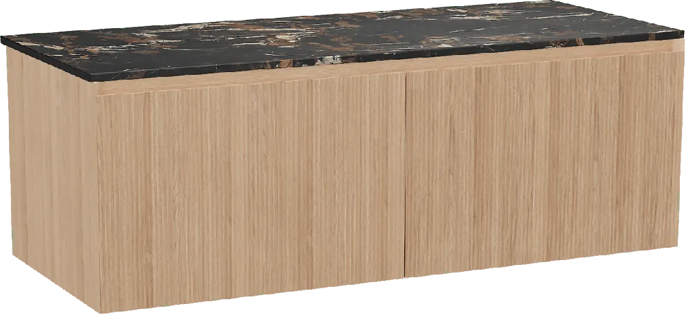 Balmani Fila by Mitra meuble salle de bains suspendu 135 x 55 cm chêne naturel avec Stretto tablette simple ou double en marbre portoro gold, Nervure droite symétrique verticale