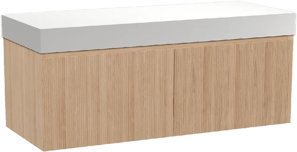 Balmani Fila by Mitra meuble salle de bains suspendu 135 x 55 cm chêne naturel avec Dominus tablette simple ou double en solid surface blanc mat, Nervure droite symétrique verticale