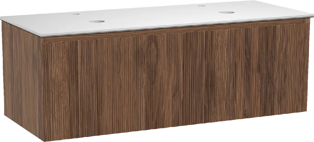 Balmani Fila by Mitra meuble salle de bains suspendu 135 x 55 cm noyer avec Facetta tablette double en solid surface blanc mat, Nervure droite symétrique verticale