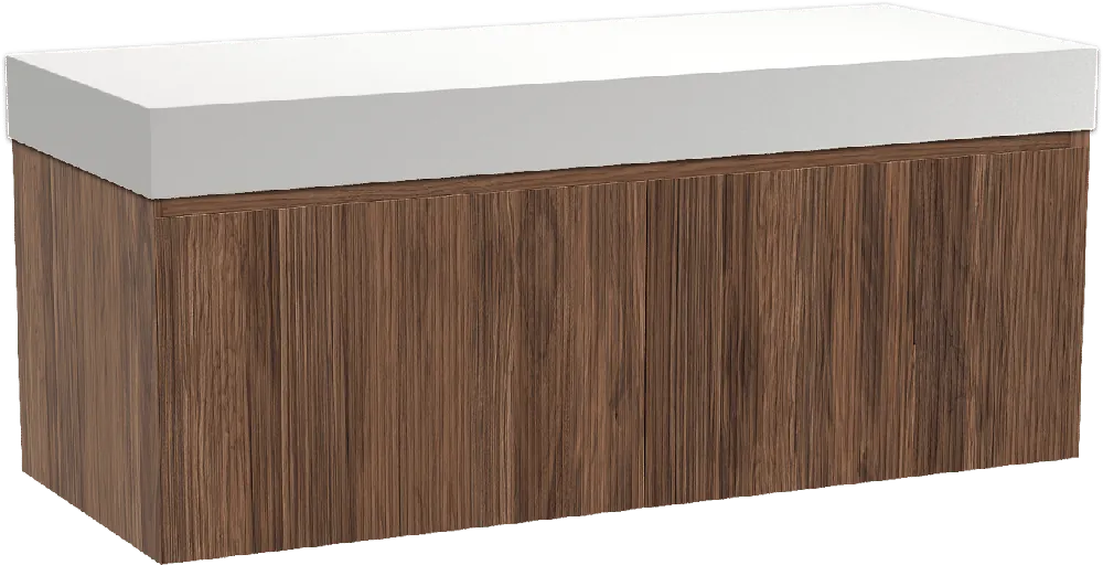 Balmani Fila by Mitra meuble salle de bains suspendu 135 x 55 cm noyer avec Dominus tablette simple ou double en solid surface blanc mat, Nervure droite symétrique verticale