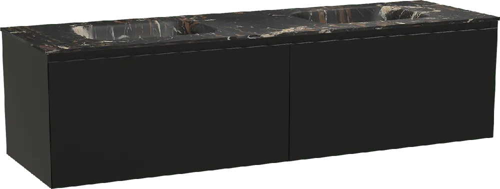 Balmani Idra by Mitra meuble salle de bains suspendu 180 x 55 cm noir mat avec Tablo Arcato double vasque en marbre portoro gold