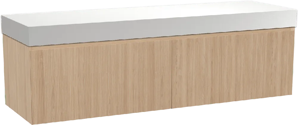 Balmani Fila by Mitra meuble salle de bains suspendu 180 x 55 cm chêne naturel avec Dominus tablette simple ou double en solid surface blanc mat, Nervure droite symétrique verticale