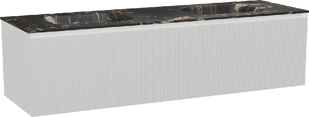 Balmani Fila by Mitra meuble salle de bains suspendu 180 x 55 cm blanc mat avec Tablo Arcato double vasque en marbre portoro gold, Nervure droite symétrique verticale