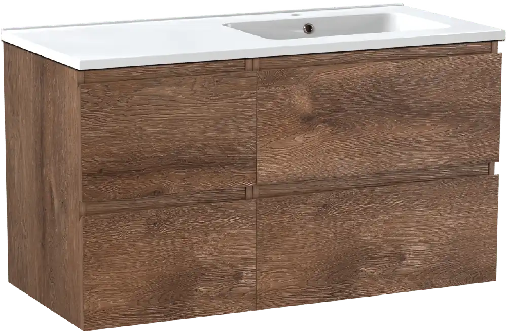 Linie Lado meuble salle de bains suspendu 100 x 46 cm chêne brun avec Vano plan vasque asymétrique à droite en marbre composite blanc brillant