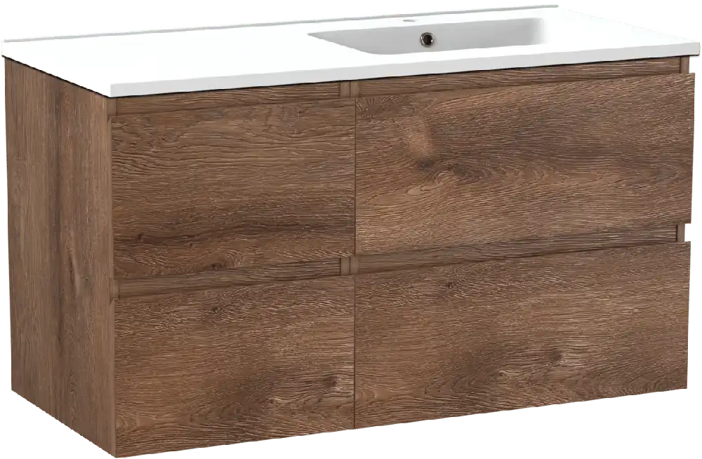 Linie Lado meuble salle de bains suspendu 100 x 46 cm chêne brun avec Vano plan vasque asymétrique à droite en marbre composite blanc mat