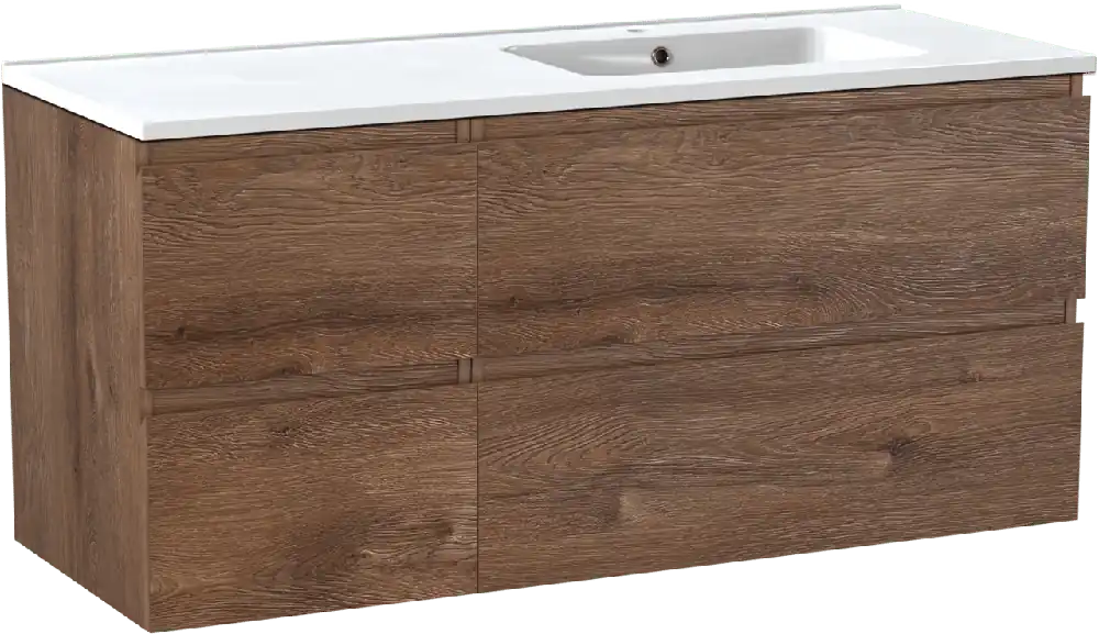 Linie Lado meuble salle de bains suspendu 120 x 46 cm chêne brun avec Vano plan vasque asymétrique à droite en marbre composite blanc brillant