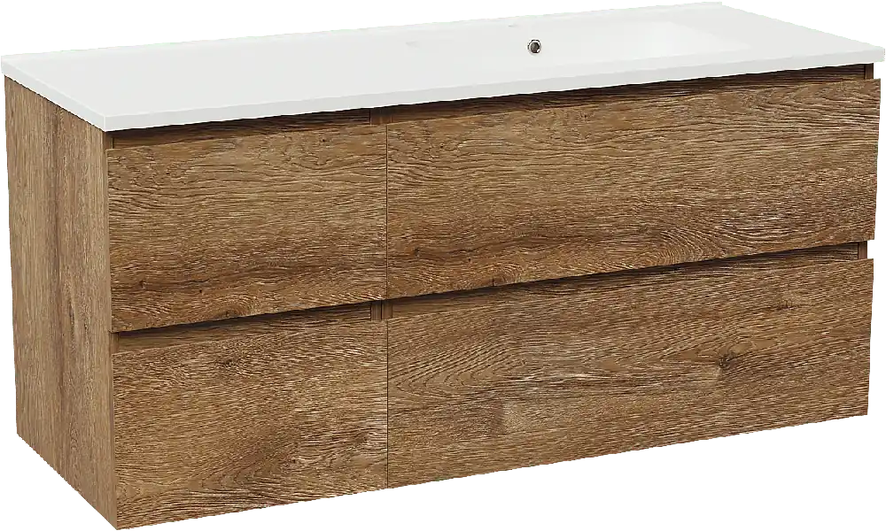 Linie Lado meuble salle de bains suspendu 120 x 46 cm chêne brun avec Vano plan vasque asymétrique à droite en marbre composite blanc mat