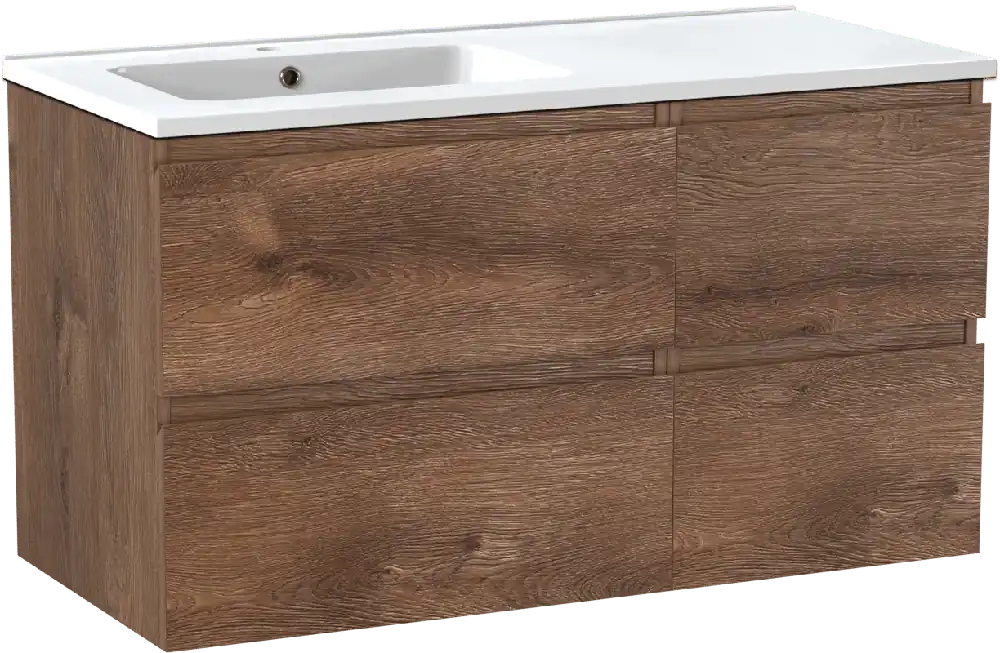 Linie Lado meuble salle de bains suspendu 100 x 46 cm chêne brun avec Vano plan vasque asymétrique à gauche en marbre composite blanc brillant