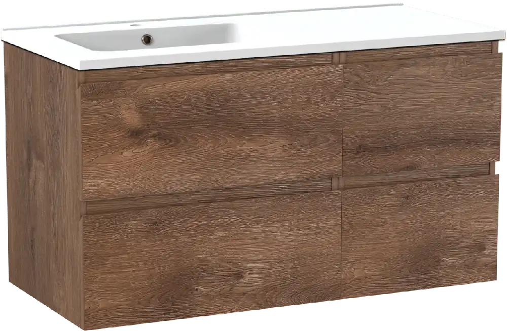 Linie Lado meuble salle de bains suspendu 100 x 46 cm chêne brun avec Vano plan vasque asymétrique à gauche en marbre composite blanc mat