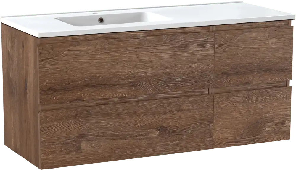 Linie Lado meuble salle de bains suspendu 120 x 46 cm chêne brun avec Vano plan vasque asymétrique à gauche en marbre composite blanc brillant