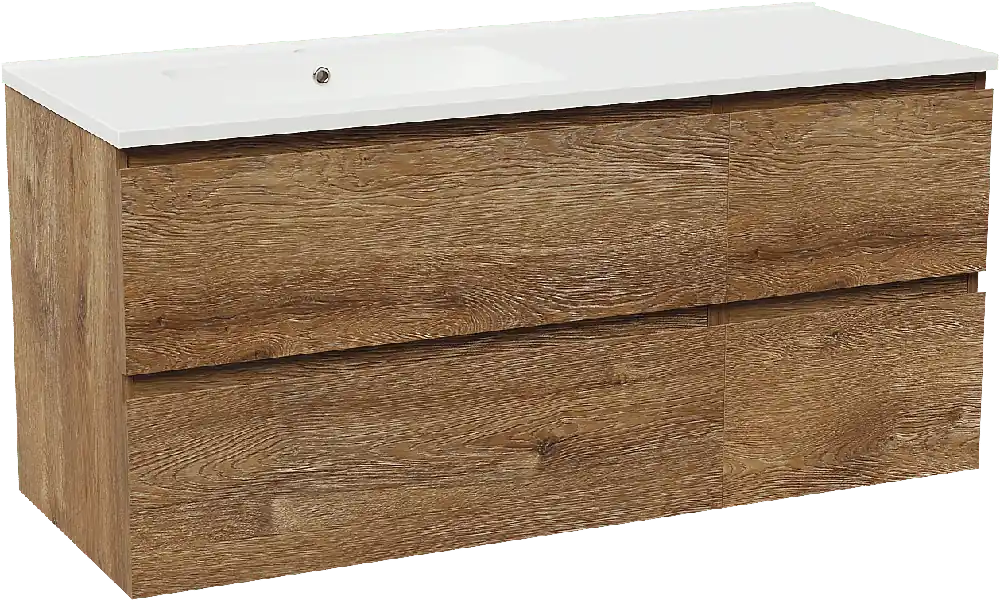 Linie Lado meuble salle de bains suspendu 120 x 46 cm chêne brun avec Vano plan vasque asymétrique à gauche en marbre composite blanc mat