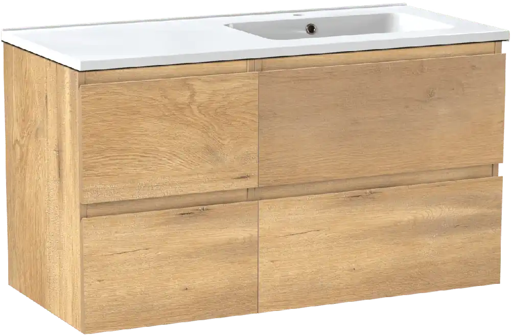 Linie Lado meuble salle de bains suspendu 100 x 46 cm chêne naturel avec Vano plan vasque asymétrique à droite en marbre composite blanc brillant