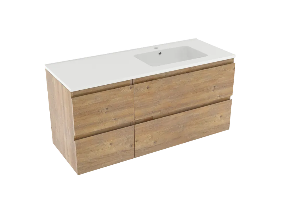 Linie Lado meuble salle de bains suspendu 120 x 46 cm chêne naturel avec Vano plan vasque asymétrique à droite en marbre composite blanc mat