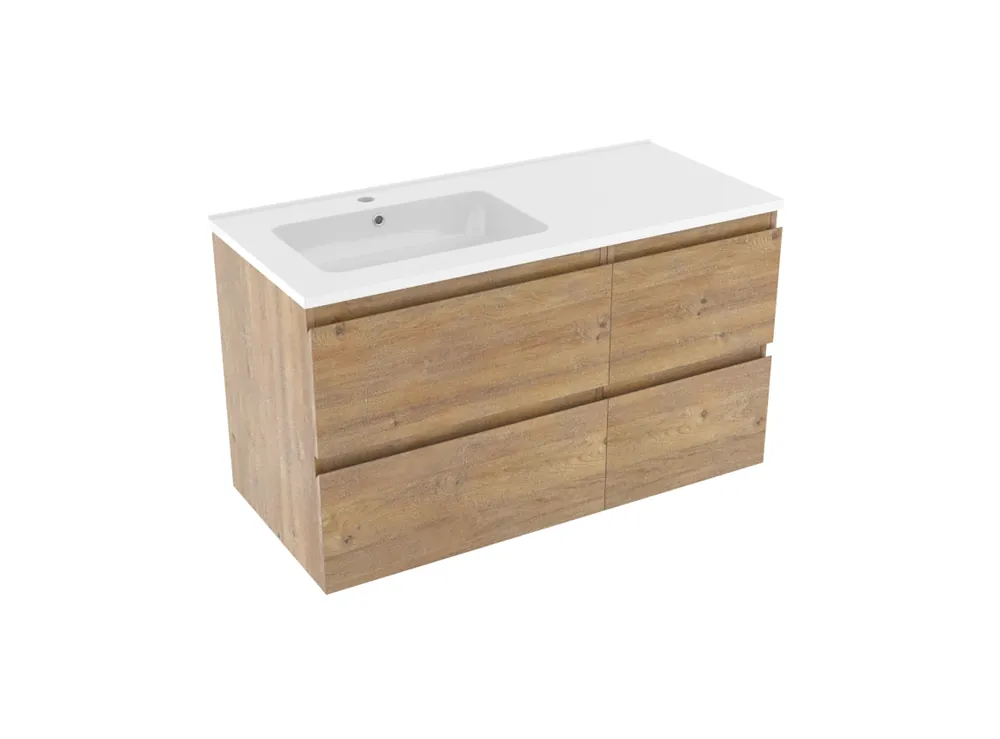 Linie Lado meuble salle de bains suspendu 100 x 46 cm chêne naturel avec Vano plan vasque asymétrique à gauche en marbre composite blanc brillant