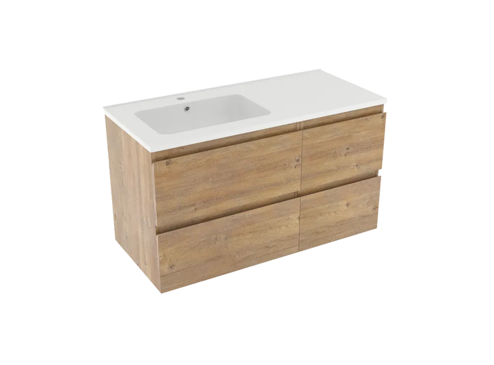 Linie Lado meuble salle de bains suspendu 100 x 46 cm chêne naturel avec Vano plan vasque asymétrique à gauche en marbre composite blanc mat