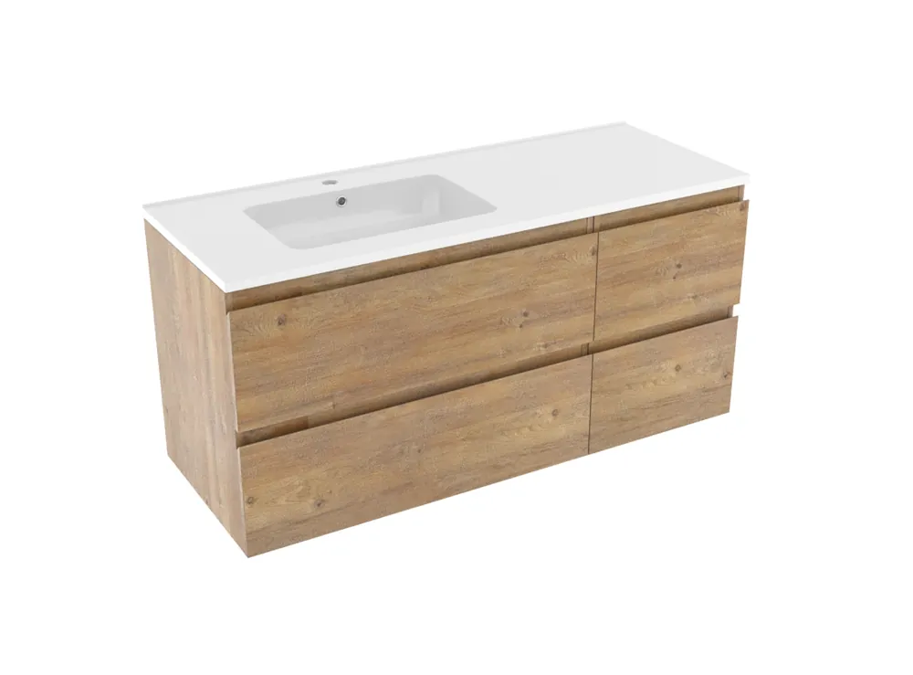 Linie Lado meuble salle de bains suspendu 120 x 46 cm chêne naturel avec Vano plan vasque asymétrique à gauche en marbre composite blanc brillant