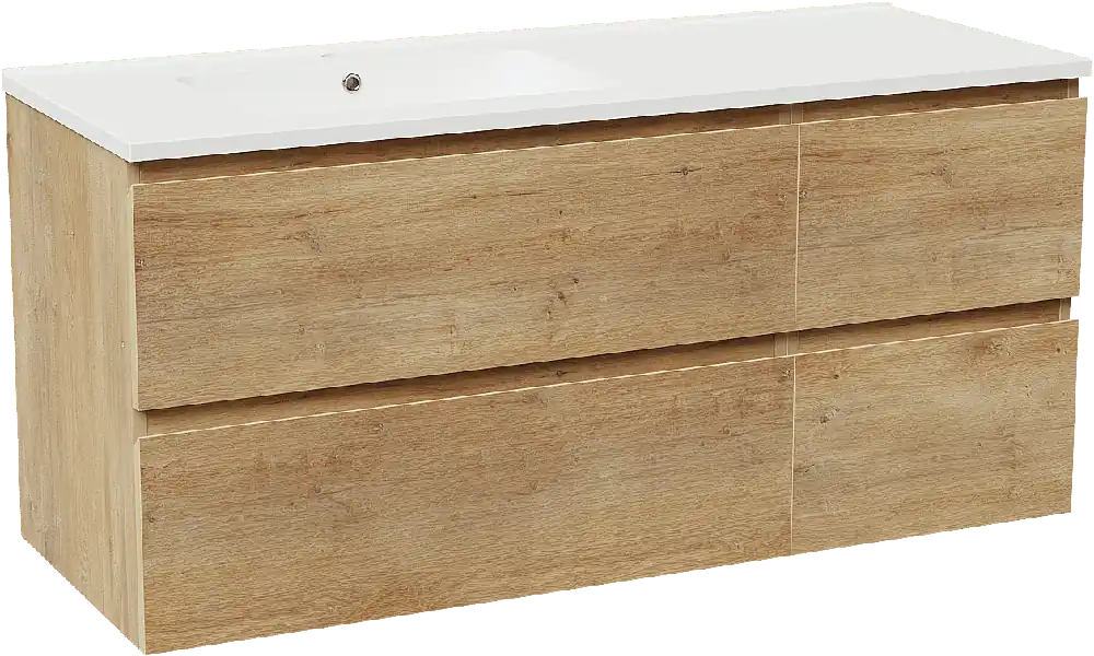 Linie Lado meuble salle de bains suspendu 120 x 46 cm chêne naturel avec Vano plan vasque asymétrique à gauche en marbre composite blanc mat