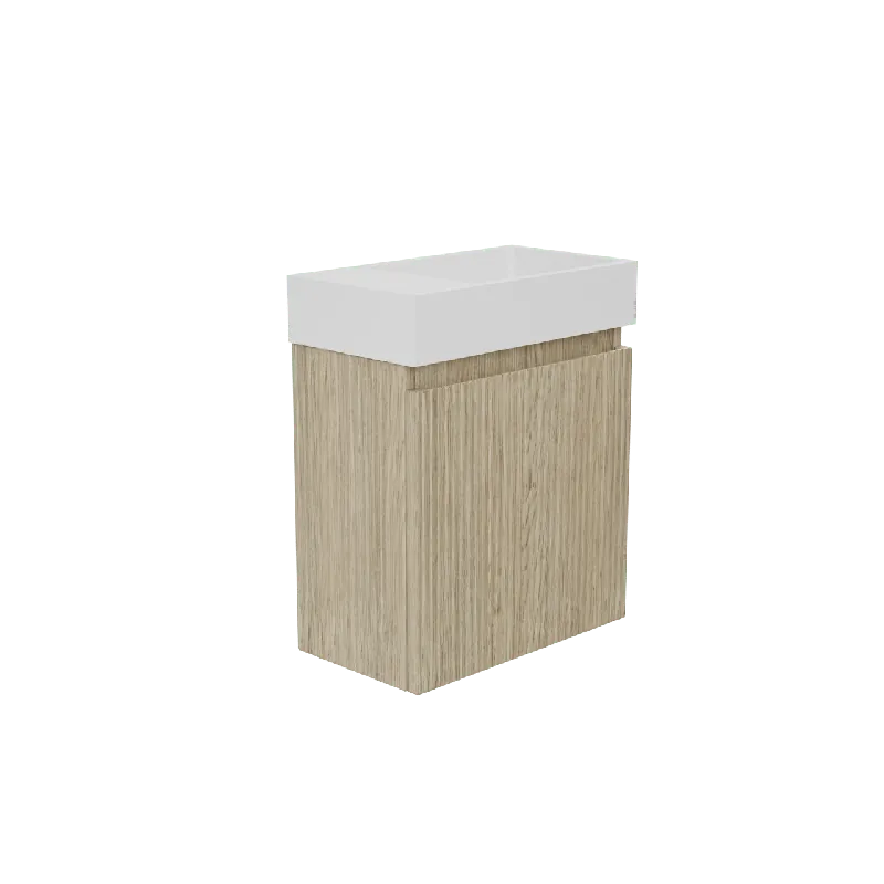 Storke Ribs meuble wc suspendu 40 x 22 cm chêne brut avec Fada plan vasque en Solid Surface blanc mat