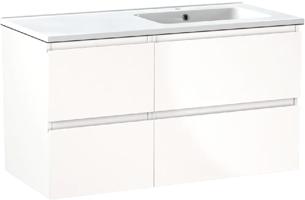 Linie Lado meuble salle de bains suspendu 100 x 46 cm blanc brillant avec Vano plan vasque asymétrique à droite en marbre composite blanc brillant