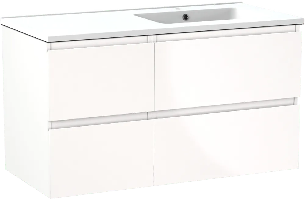 Linie Lado meuble salle de bains suspendu 100 x 46 cm blanc brillant avec Vano plan vasque asymétrique à droite en marbre composite blanc mat